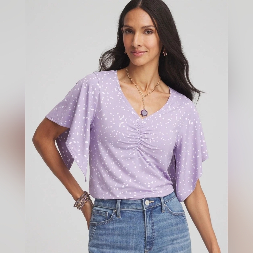 Chico's NWT Touch Of Cool Cloud Shirred Flutter Tee Gentle Lavender 4/XXL - Picture 1 of 7